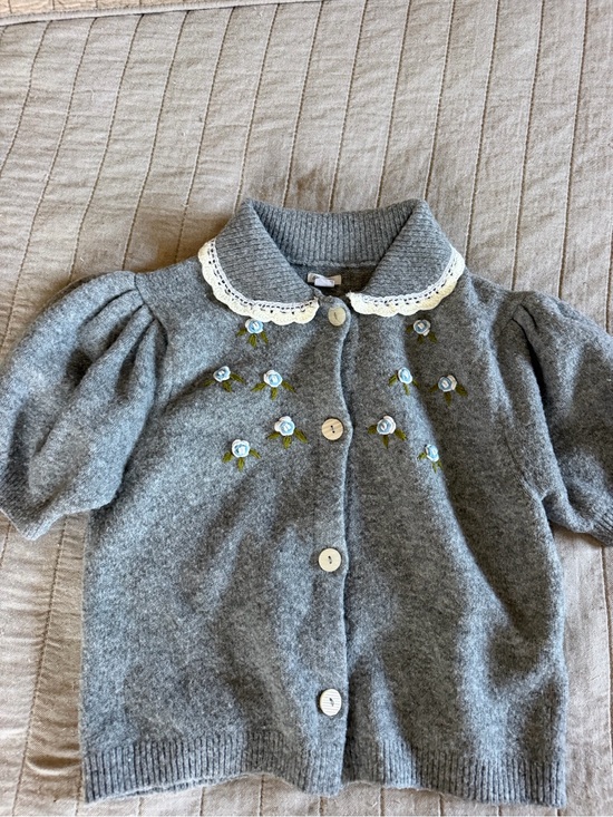 Anthropologie Tops - Anthropologie Gray Embroidered Button Cardigan with Lace Collar